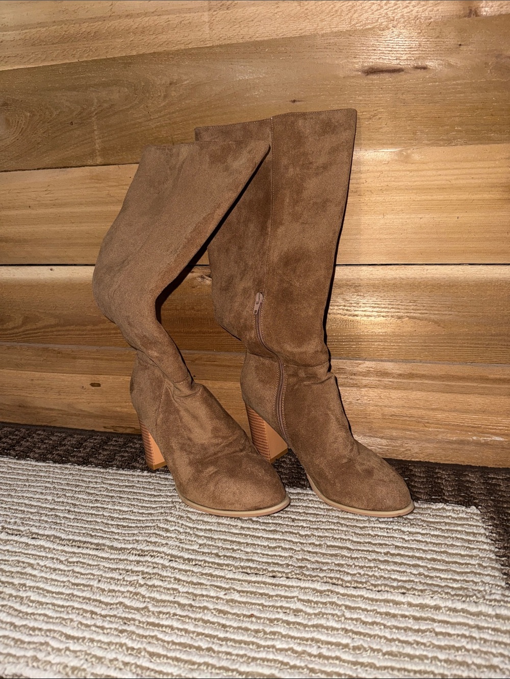 Suede Mid-Calf Brown Block Heel Boots